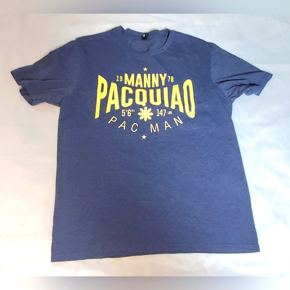 Manny Pacquiao Heather Blue Yellow Logo PAC MAN Brushed Cotton T Shirt Size L